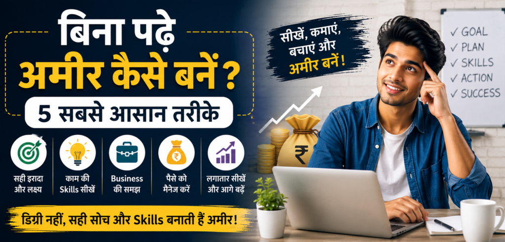 बिना पढ़े अमीर कैसे बनें? 5 आसान तरीके और जरूरी Skills बिना पढ़े अमीर कैसे बनें 5 आसान तरीके